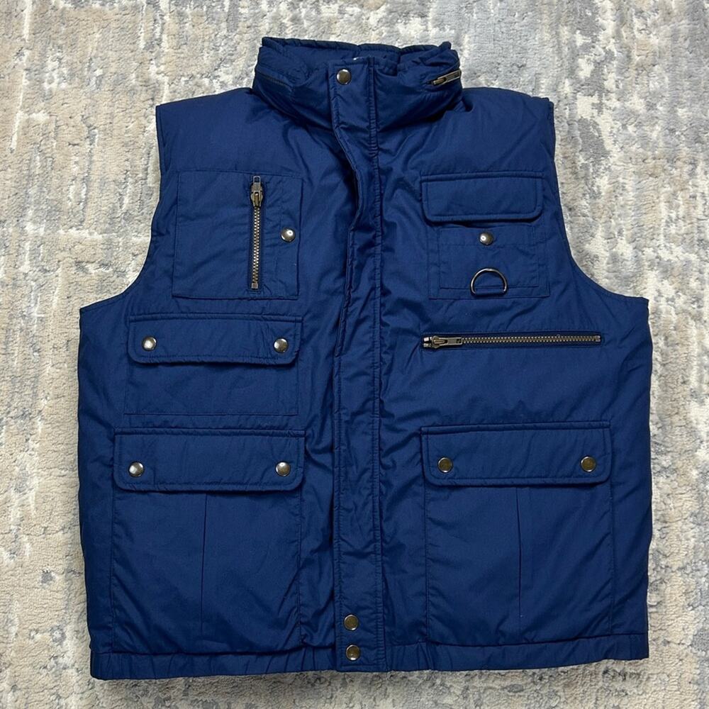VTG Golden Bear Blue Down Feather Puffer Packable Hood Vest Mens Large